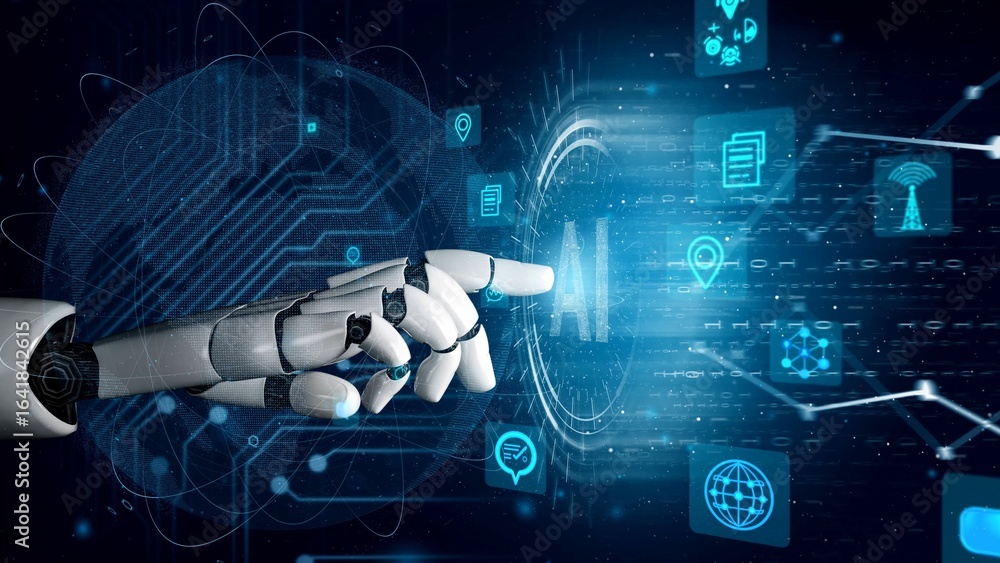Poster a futuristic robotic hand reaches out to a glowing digital interface, symbolizing the intersection o