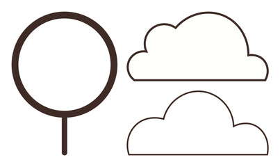 Circular tree outline and two cloud shapes in simple black lines. Ideal for nature, minimalism, environment, ecology, weather, sustainability, and design concepts. Clean simple flat metaphor