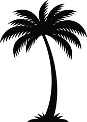 Palm tree silhouette, tropical plant, beach tree design, exotic foliage, summer holiday icon, vacation island tree, curved trunk palm, black vector art