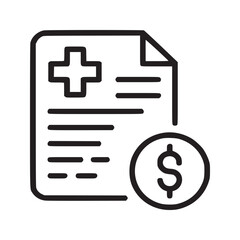 Illustration of a medical bill with a plus sign and dollar sign in black and white outline style