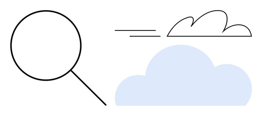 Magnifying glass inspecting stylized clouds, symbolizing analysis and understanding. Ideal for research, technology, exploration, data analysis, cloud computing, innovation discovery. Simple flat