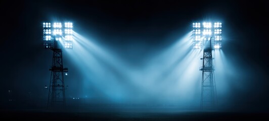 The dramatic stadium lights illuminating a foggy night scene for sports events.