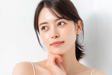 顎に手を当てるアジア人女性