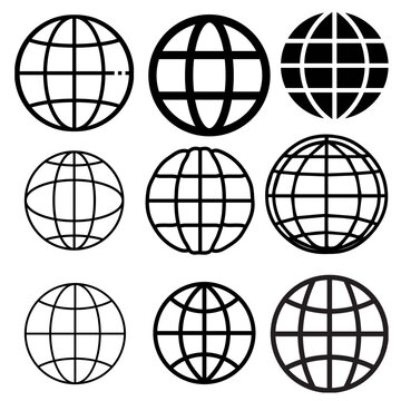 Collection of nine different minimalist black Globe or Earth grid vector icons set isolated on white