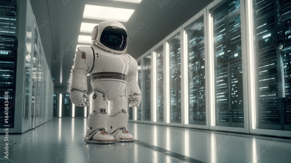 Poster futuristic robot in server room: advanced technology and artificial intelligence concept