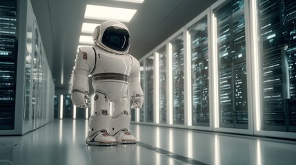 Futuristic Robot in Server Room: Advanced Technology and Artificial Intelligence Concept