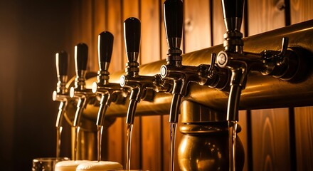 Elegant Craft Beer Taps Line Featuring Artisanal Brews, Wood Accents, and Golden Foam in a Upscale Bar Environment, Perfect for Celebrating with Friends in Various Social Settings