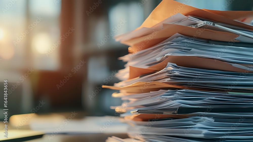 Poster stack of business documents and paperwork files on office desk with soft morning light, representing