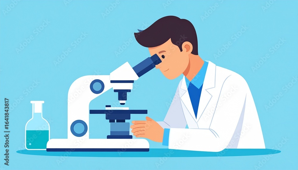 Aufkleber scientist studying a sample through a microscope. a person in a lab coat is carefully examining a sp