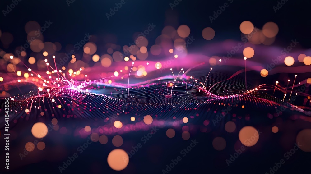 Poster abstract digital wave with glowing particles and bokeh lights in pink and purple colors against dark