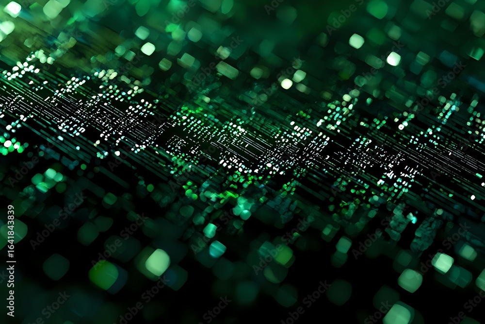 Poster green glowing circuit board with electronic components in macro view showing detailed technology pat