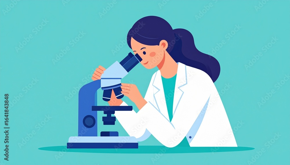 Poster scientist using a microscope in a laboratory setting