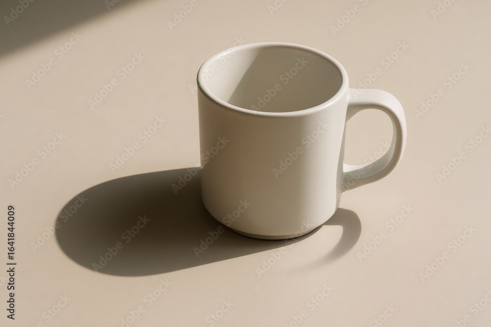 Poster simple white mug casting a soft, round shadow on a beige surface, illuminated by gentle light, creat