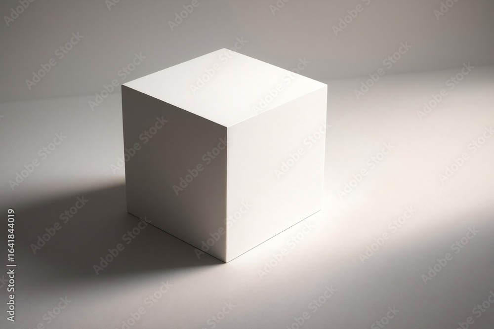 Poster minimalist still life of a white cube casting a gradient shadow on a white surface, creating a subtl