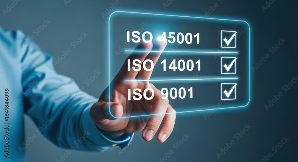 Poster hand interacting with iso compliance checklist on digital interface, signifying certification and st