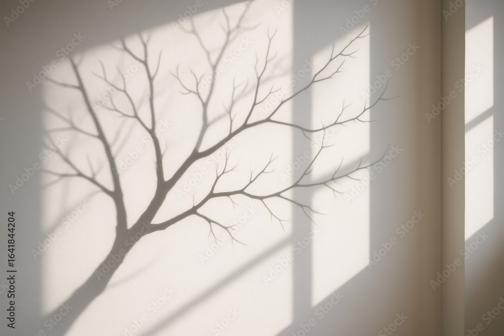 Poster sunlight projecting shadow of bare tree branches creating an abstract natural pattern on a white wal