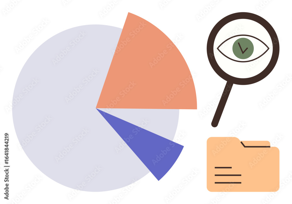 Poster pie chart with highlighted segments, magnifying glass with an eye, and a document folder. ideal for 