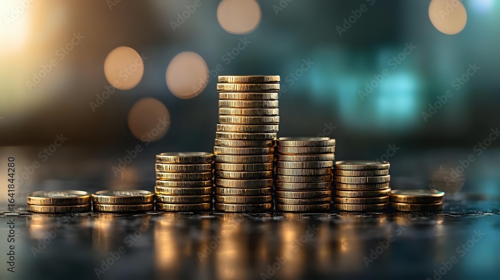 Aufkleber stacks of golden coins on dark reflective surface with blurred bokeh lights background showing wealt
