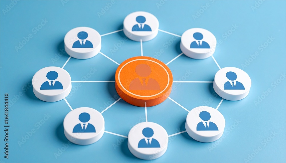 Poster abstract representation of teamwork, connection, and collaboration. a central figure is surrounded b