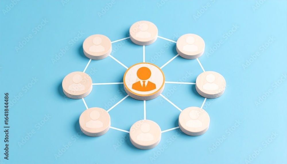 Poster network connection concept depicted using wooden circles arranged around a central one