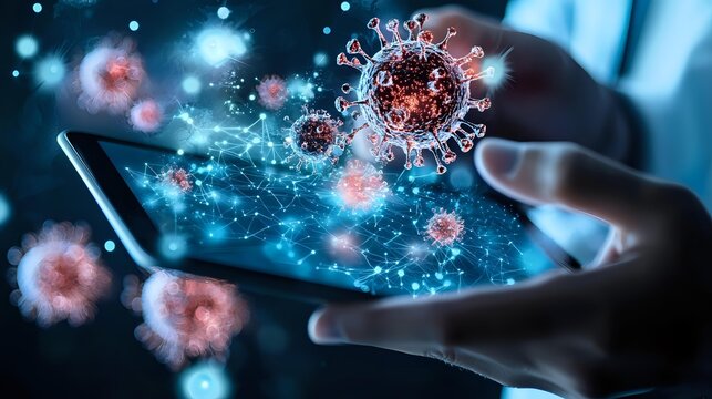 Glowing virus particles emerging from smartphone screen with hands holding device against blue background, depicting digital health technology concept.