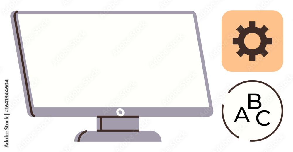 Poster blank desktop screen with a cogwheel icon and alphabetical elements symbolizing configuration, tools