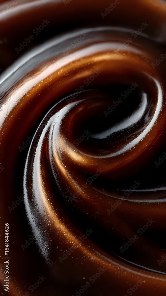 Poster swirling dark chocolate texture with smooth glossy surface creates mesmerizing spiral pattern, macro