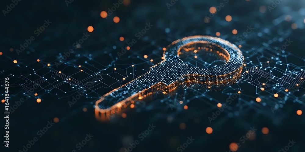 Poster digital key formed by glowing particles and network connections on dark background with orange light