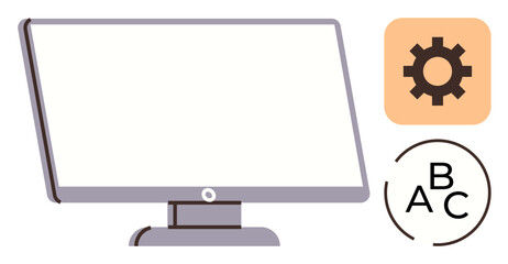 Blank desktop screen with a cogwheel icon and alphabetical elements symbolizing configuration, tools, customization, settings, education, user interface. Ideal for tech systems, learning, business
