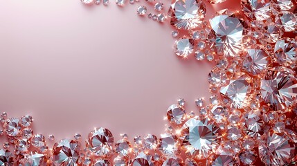 Sparkling diamonds scattered on rose gold background creating luxurious border design, elegant gemstone composition with copy space for jewelry presentation.