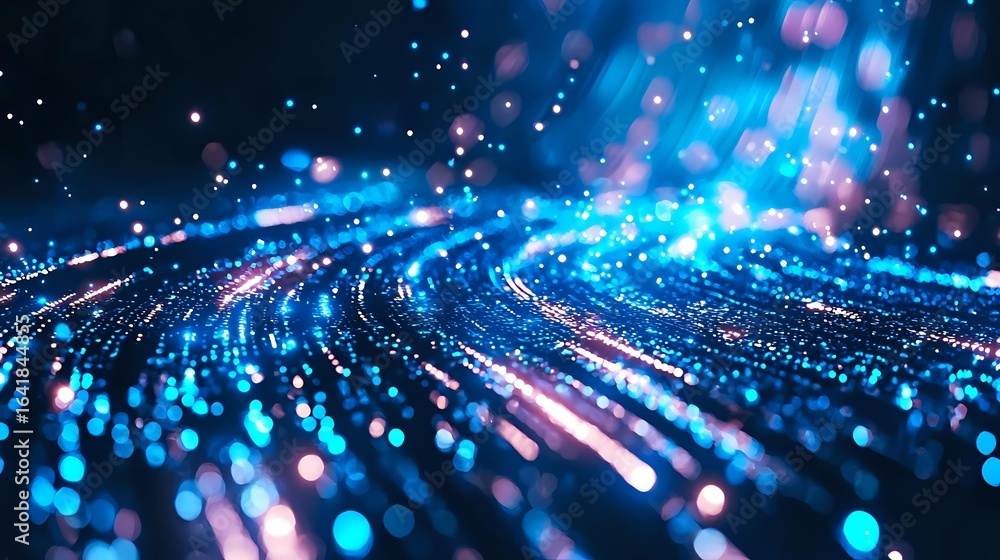 Poster glowing blue particles and light trails create dynamic motion effect with bokeh and sparkles on dark