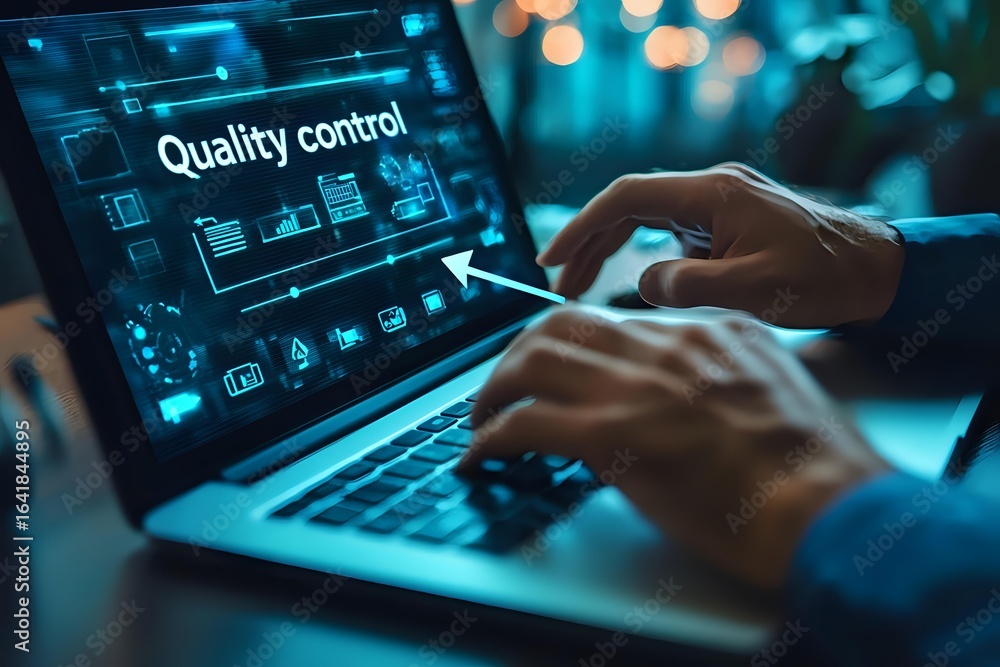 Poster professional working on laptop with quality control dashboard interface in dark office environment w