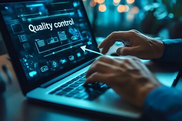 Professional working on laptop with quality control dashboard interface in dark office environment with blue technology glow, close up of hands typing.