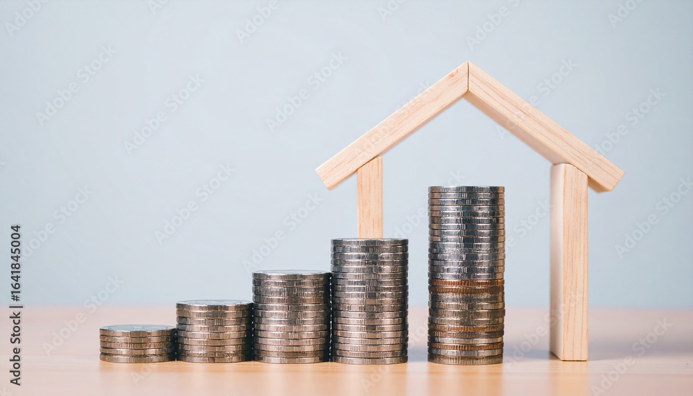 Poster a house frame made of wooden blocks sits above five stacks of coins that are gradually increasing in