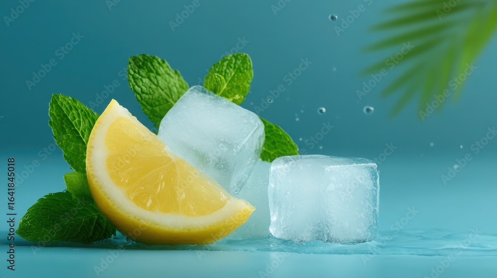 Poster a lemon and a lime are sitting on a table with ice cubes