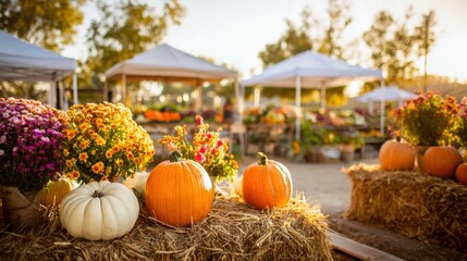 Autumn Harvest Festival: Pumpkins, Flowers, and Hay Bales at a Rural Outdoor Market on a Sunny Day