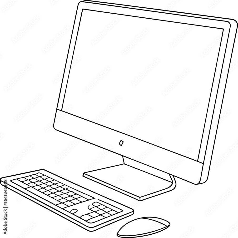 Leinwandbilder simple line drawing of a desktop computer with keyboard and mouse