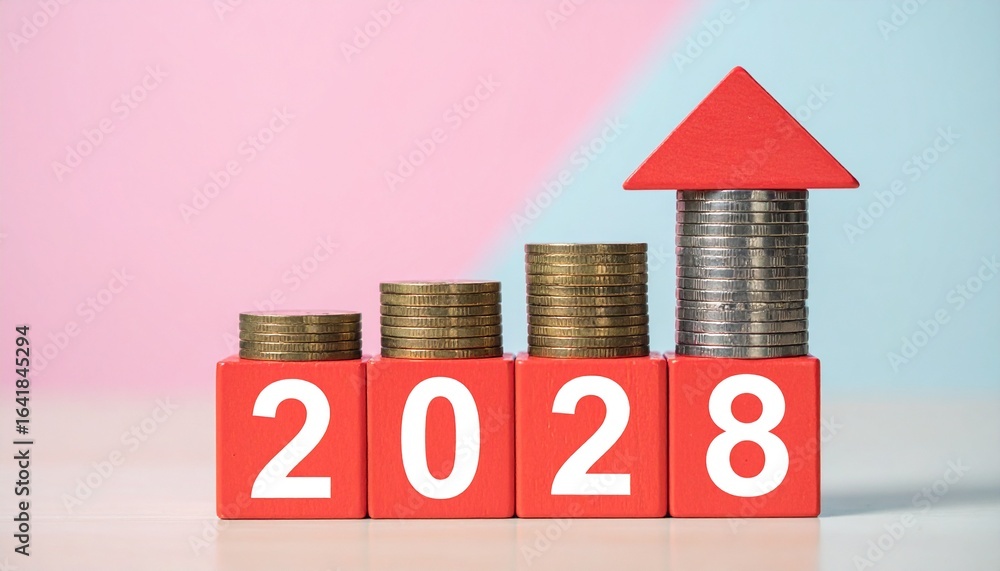 Poster red blocks showing 2028 with stacks of coins growing to an upward pointing arrow.