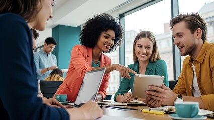 Professionals Collaborating on Digital Devices in a Modern Office Meeting