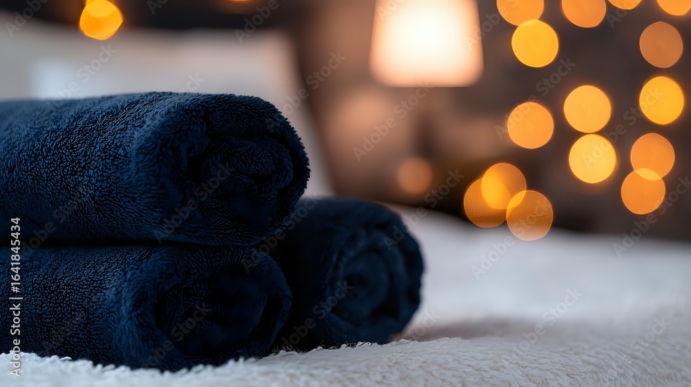 Poster soft navy blue rolled towels on white surface with warm bokeh lights in background creating cozy spa