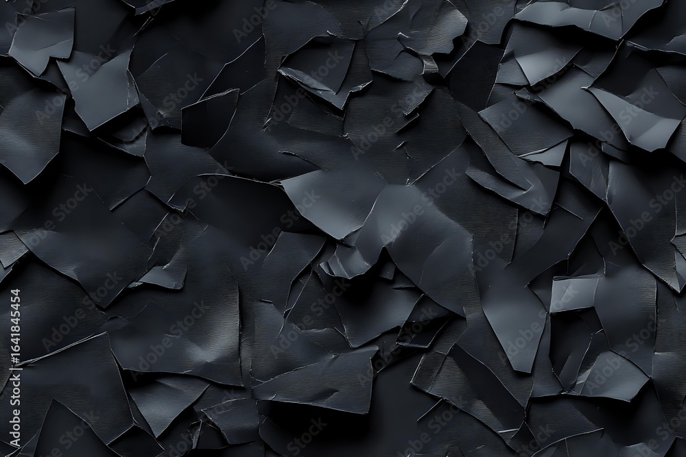 Poster dark geometric abstract background with overlapping torn paper pieces creating dynamic shadows and d