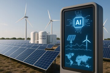 Artificial intelligence is managing clean energy production in a power plant with solar panels, wind turbines and storage tanks