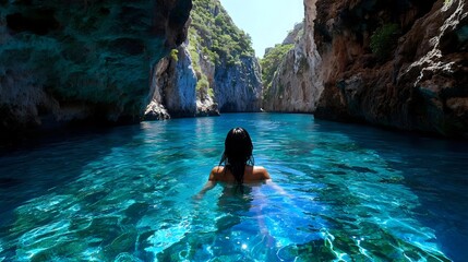 Woman swimming in crystal clear turquoise water between rocky cliffs, enjoying peaceful solitude in natural sea cave with sunlight streaming through opening.