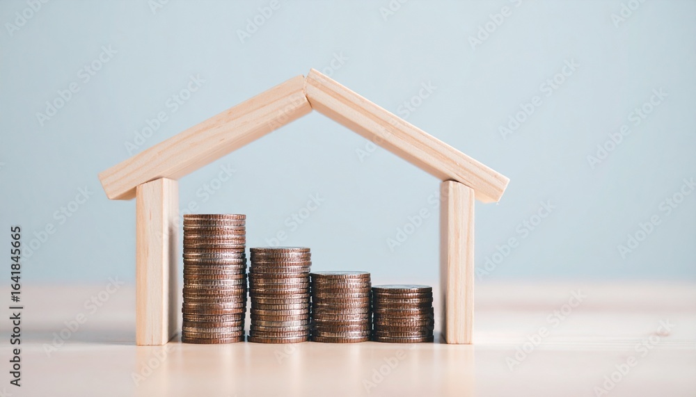 Poster conceptual image showing a house-shaped structure with stacks of coins