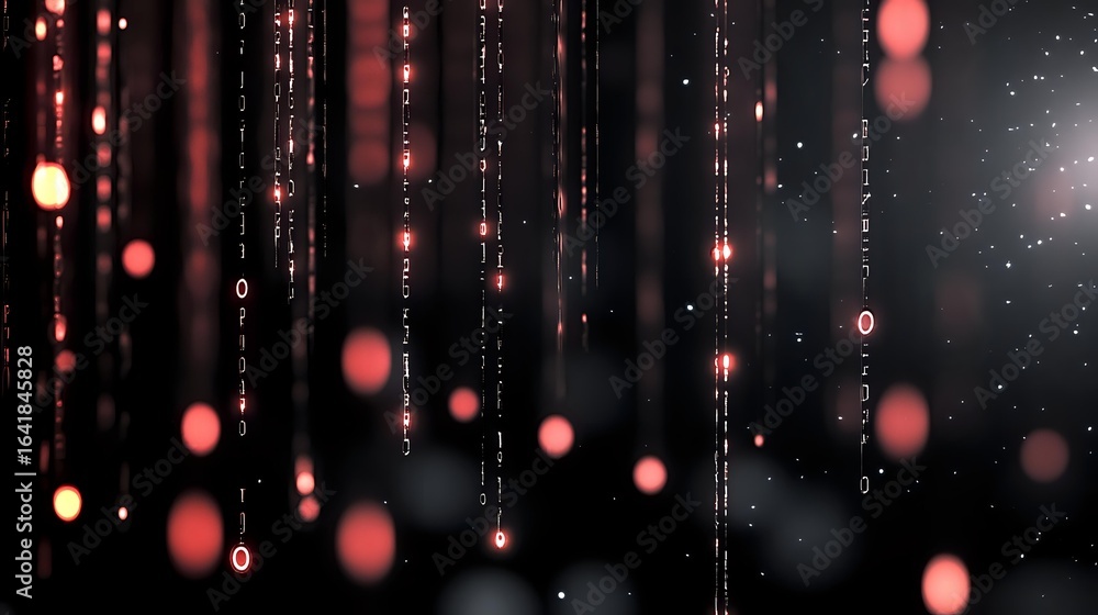 Poster digital binary code streams with glowing red particles falling against dark background, creating fut