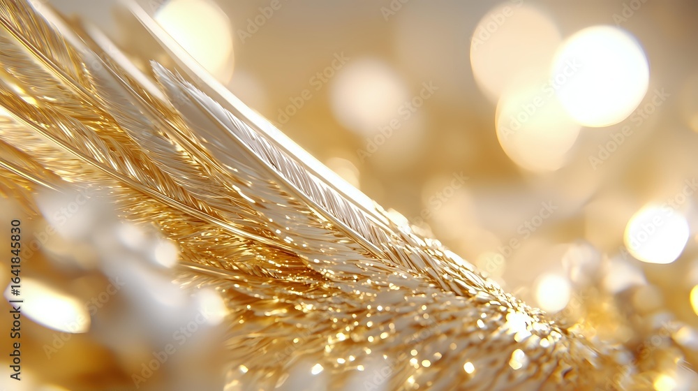 Poster shimmering golden feather macro with soft bokeh lights in background creates dreamy festive atmosphe