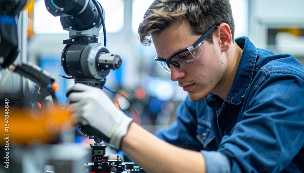 Poster an engineer working on a complex machine with safety glasses. he is focused and diligent as he works