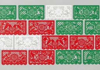 Mexican Papel Picado in Green, White, and Red on Gray Background