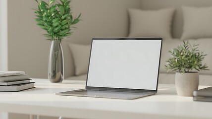 Modern laptop with blank screen on a desk with plants and books
