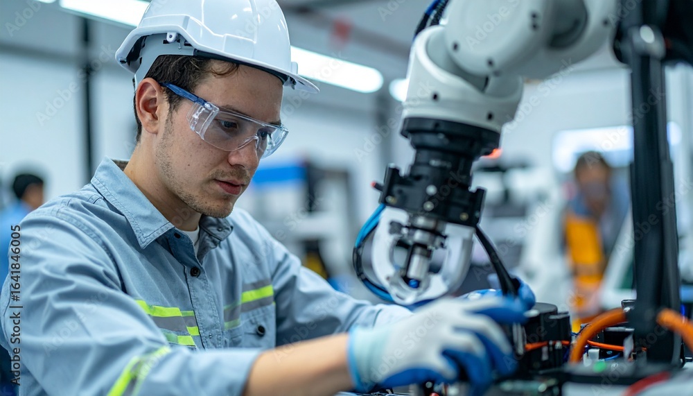 Poster a skilled engineer working on a complex robotic arm in a modern industrial setting